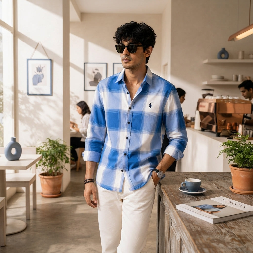 A South Asian man wearing a blue and white check shirt in a sunlit modern cafe.