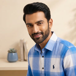 A professional portrait of Sameer Rao wearing a blue and white check shirt against a neutral background.